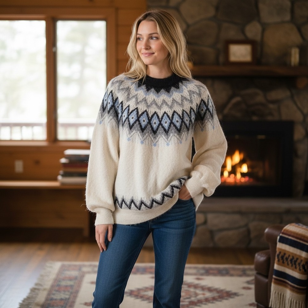 Vero Moda Nordic Fair Isle Fuzzy Crewneck Sweater Small Soft Fluffy Winter Chic